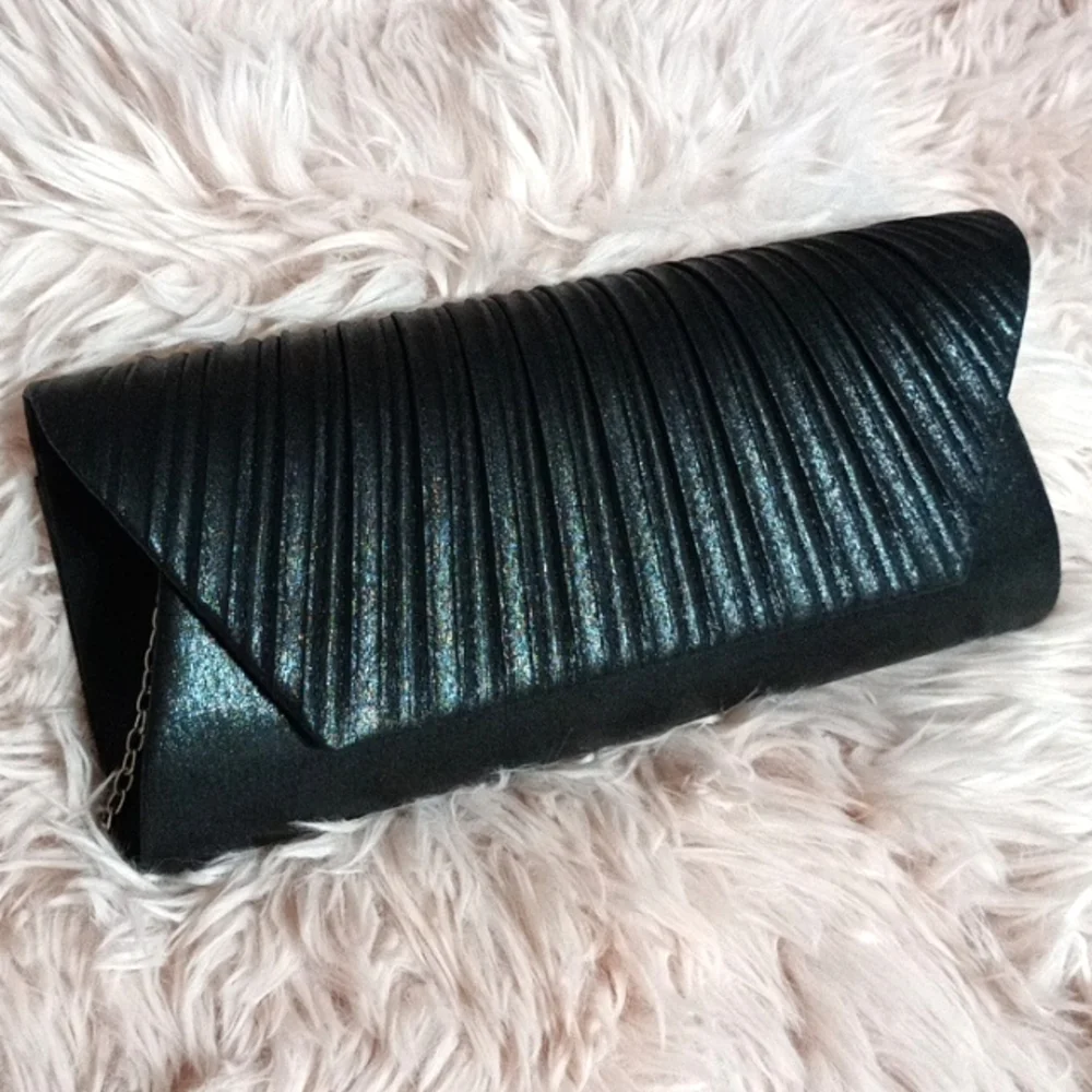 Shimmer Black Envelope Clutch Formal Chain Strap Handbag